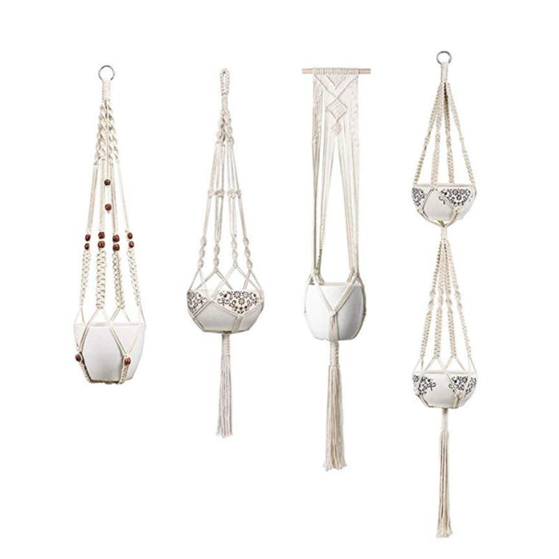 4-Pack Macrame Hanging Baskets – Boho Wall Planters & Storage Organizers
