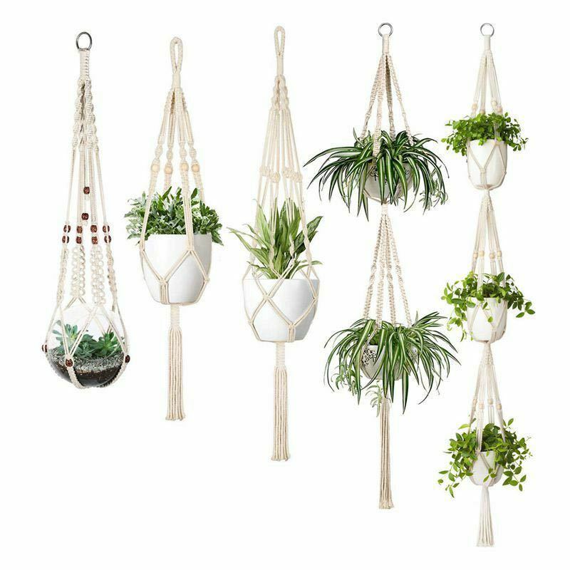 Boho macrame hanging baskets set of 4 for wall storage or indoor plant display

