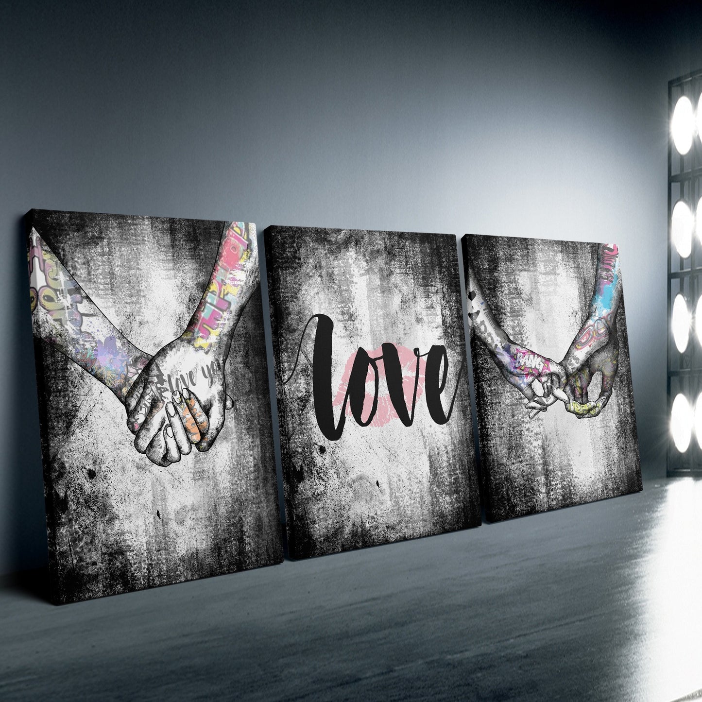 3-piece framed love theme canvas wall art with hand-in-hand design for bedroom or living room