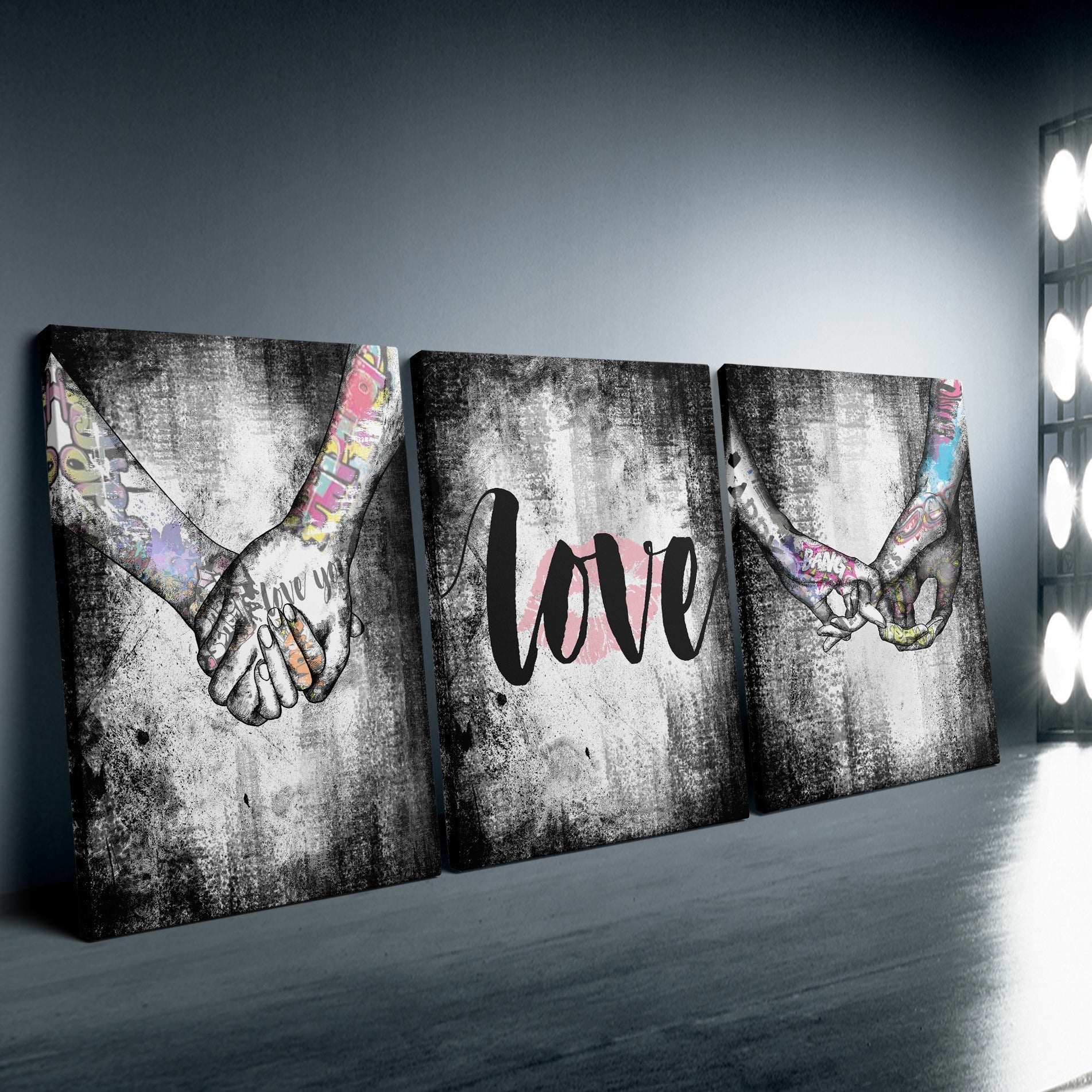 3-piece framed love theme canvas wall art with hand-in-hand design for bedroom or living room