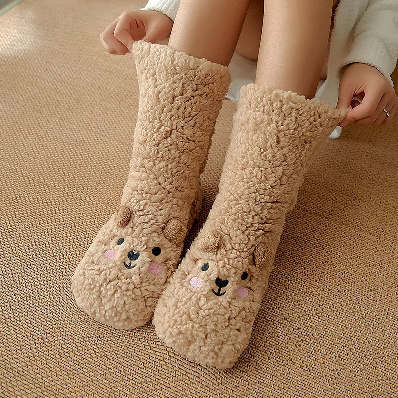 Cute cartoon dog fleece slipper socks, warm fluffy winter home socks for women

