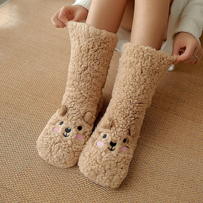Cute cartoon dog fleece slipper socks, warm fluffy winter home socks for women

