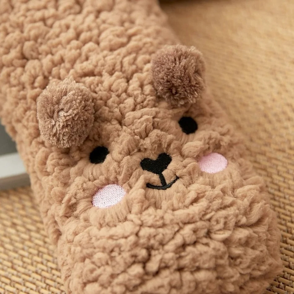 Cute cartoon dog fleece slipper socks, warm fluffy winter home socks for women

