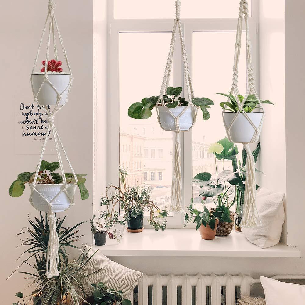 Boho macrame hanging baskets set of 4 for wall storage or indoor plant display
