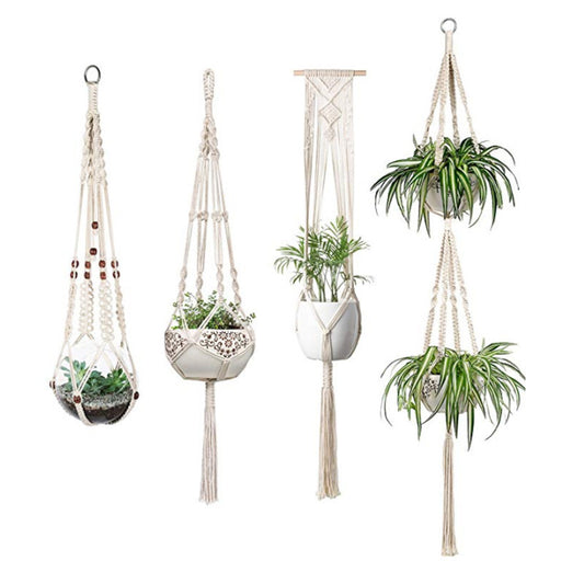 Boho macrame hanging baskets set of 4 for wall storage or indoor plant display


