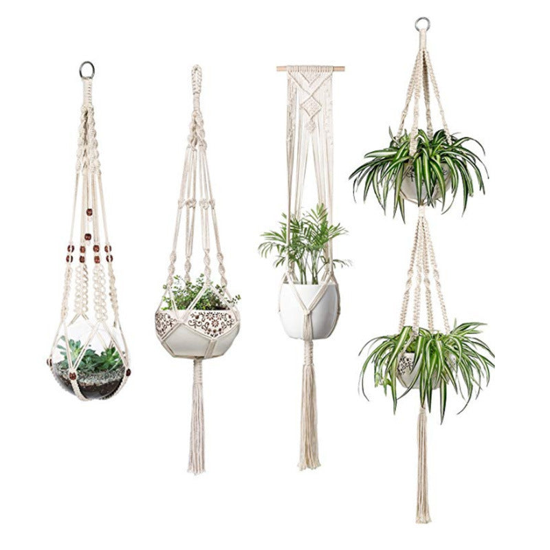 Boho macrame hanging baskets set of 4 for wall storage or indoor plant display
