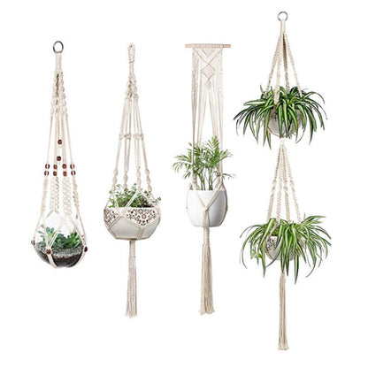 Boho macrame hanging baskets set of 4 for wall storage or indoor plant display
