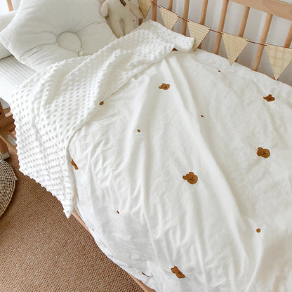 Korean embroidered cherry bear muslin cotton throw blanket for crib and bedding

