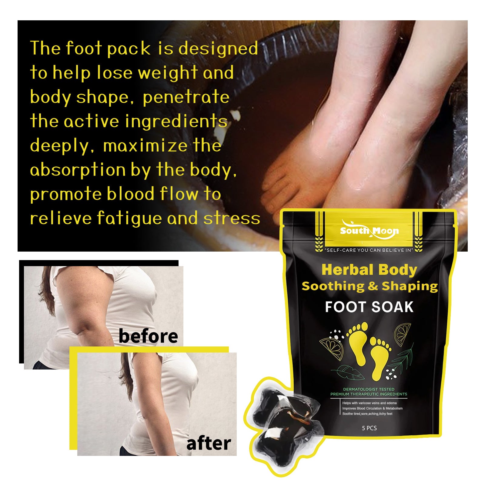 South Moon herbal foot soak and firming gel for muscle shaping and relaxation