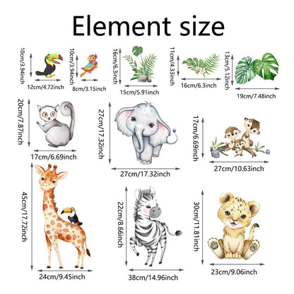 Peel and stick jungle animal train wall decals for kids nursery or playroom
