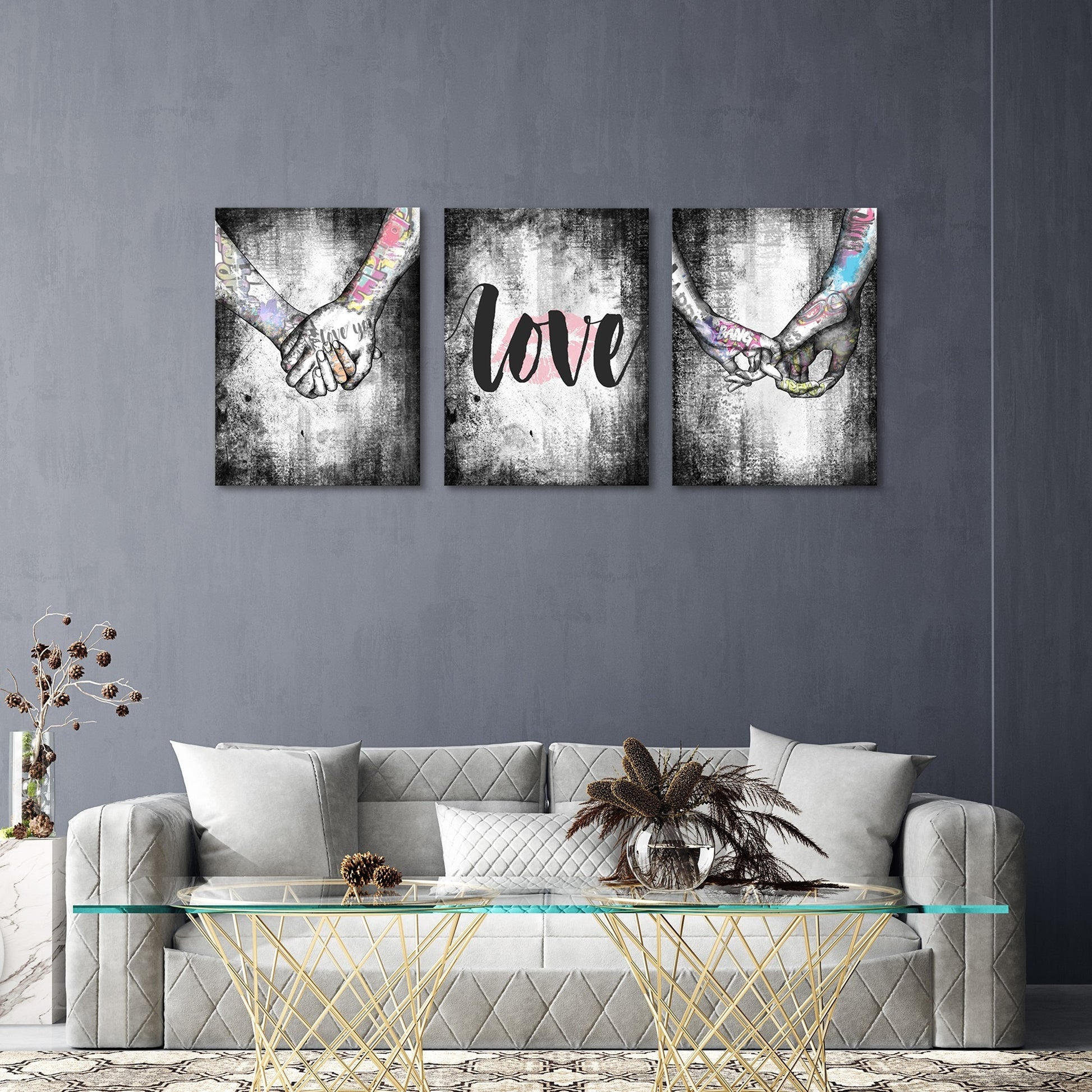 3-piece framed love theme canvas wall art with hand-in-hand design for bedroom or living room

