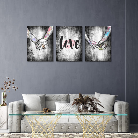 3-piece framed love theme canvas wall art with hand-in-hand design for bedroom or living room


