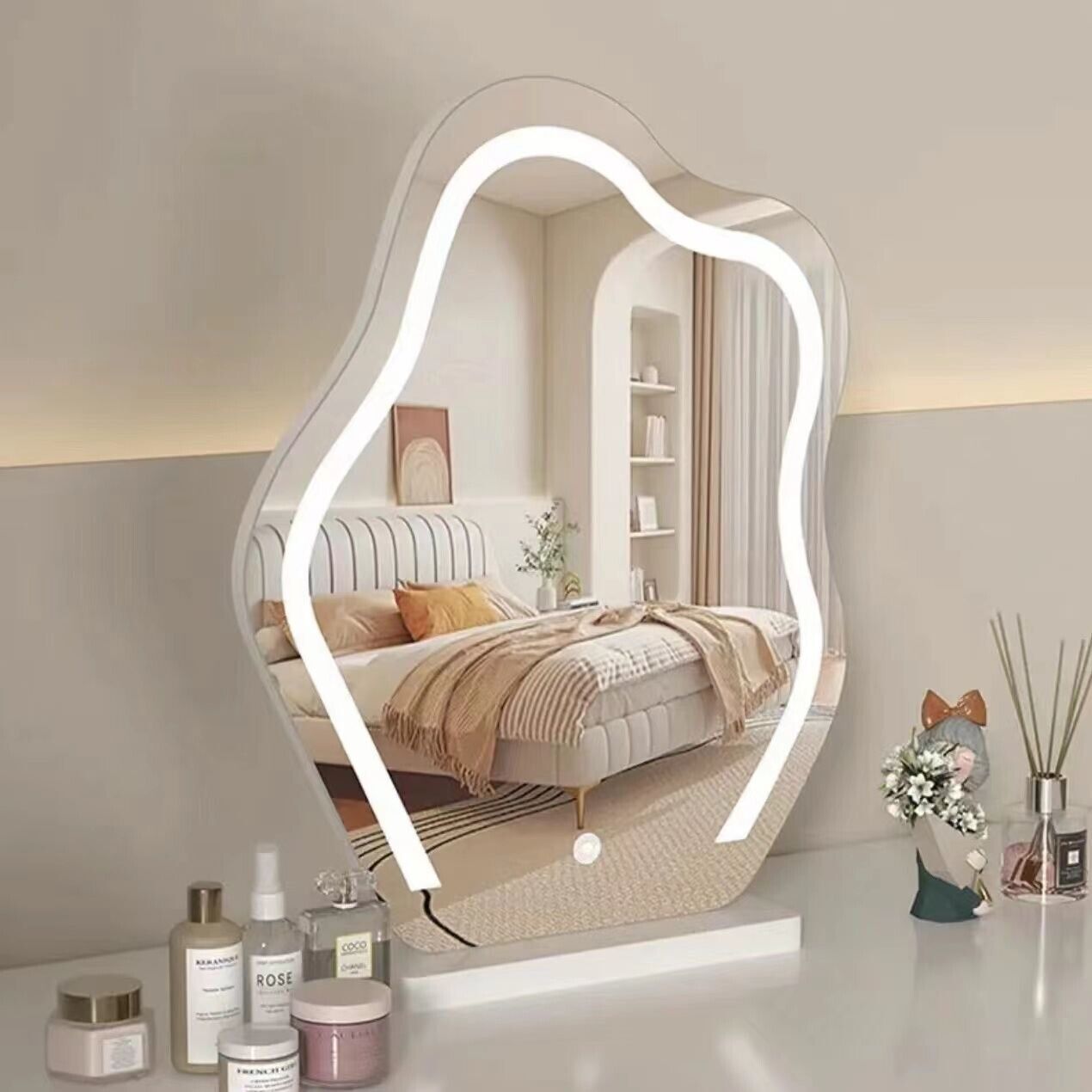 Cloud-shaped LED vanity makeup mirror with 3 color lighting modes for dressing table
