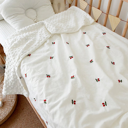 Korean embroidered cherry bear muslin cotton throw blanket for crib and bedding

