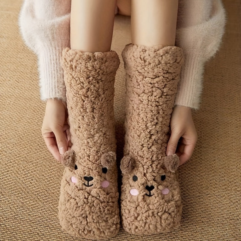 Cute cartoon dog fleece slipper socks, warm fluffy winter home socks for women


