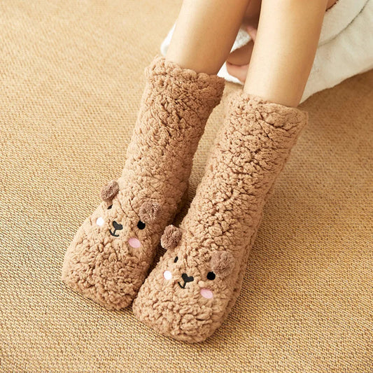 Cute cartoon dog fleece slipper socks, warm fluffy winter home socks for women

