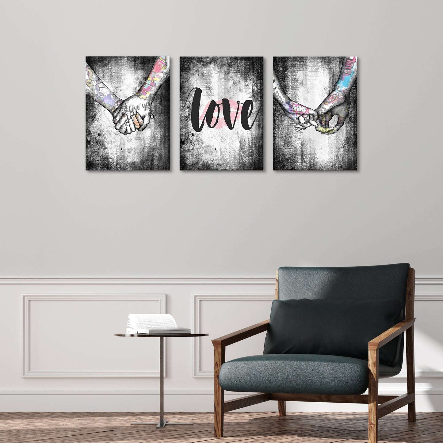 3-piece framed love theme canvas wall art with hand-in-hand design for bedroom or living room