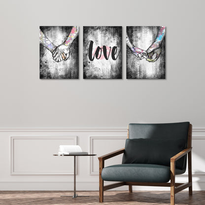 3-piece framed love theme canvas wall art with hand-in-hand design for bedroom or living room