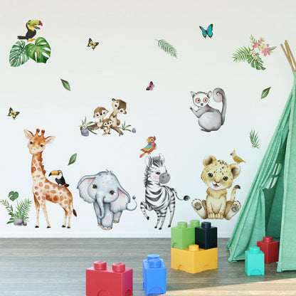 Peel and stick jungle animal train wall decals for kids nursery or playroom
