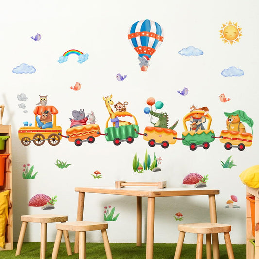 Peel and stick jungle animal train wall decals for kids nursery or playroom

