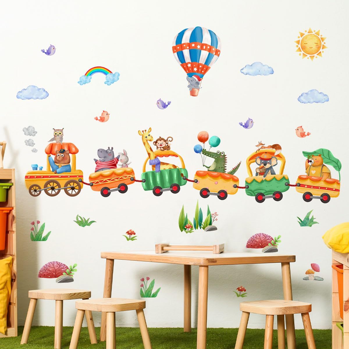 Peel and stick jungle animal train wall decals for kids nursery or playroom
